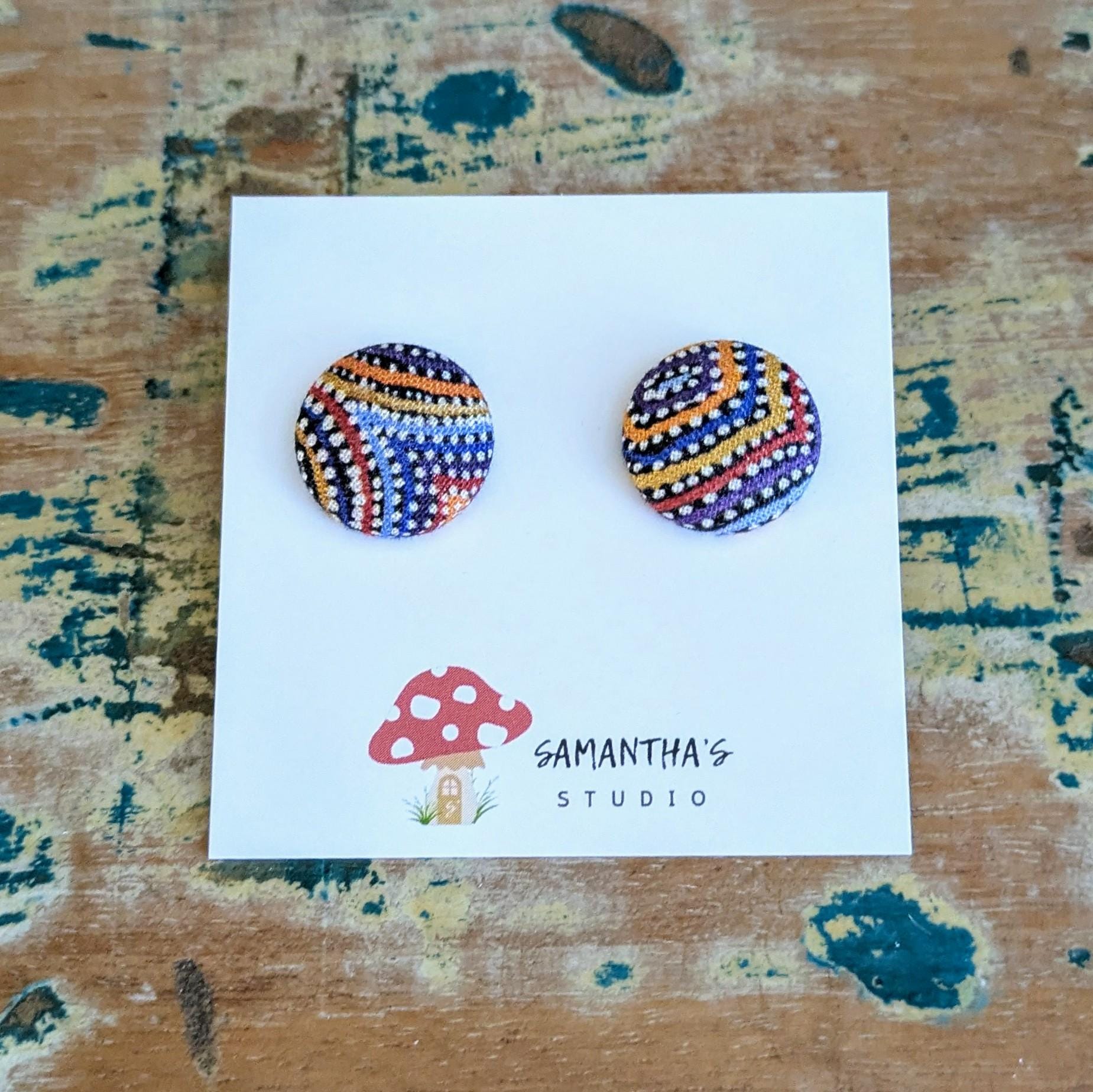 Indigenous Art Fabric Button stud earrings